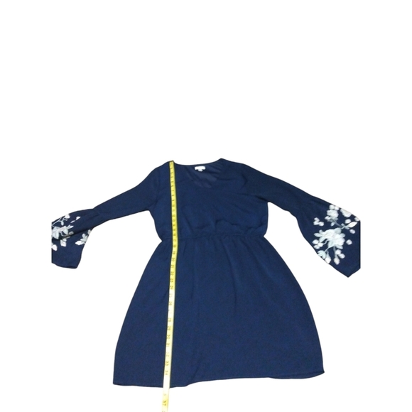 Charming Charlie Embroidered Bell Slve. Dress Navy w. White Florals Romantic L - Picture 9 of 9
